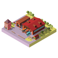 Bus depot building 3d isometric projection vector icon. Buses standing in hangars, waiting to go on route cross section illustration. City public transport infrastructure, cartography design element