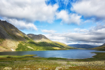 Obraz premium Summer landscape with mountains, Lake Hadata, Polar Urals, Yamal
