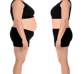 Young woman before and after weight loss on white background, closeup