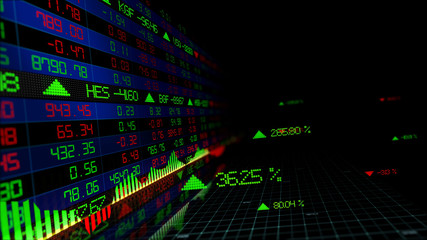 3D rendering of stock indexes in virtual space. Economic growth, recession