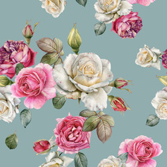 Floral seamless pattern with watercolor white and pink roses - 244578920