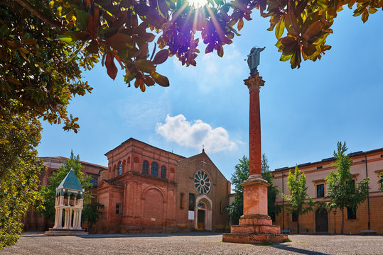 View of the basilica of San Domenico in Bologna Italy with solar flare