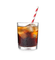 Glass of refreshing cola with ice on white background