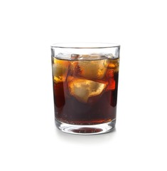Glass of refreshing cola with ice on white background