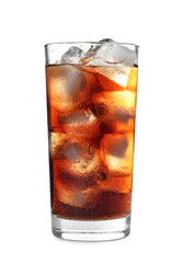 Glass of refreshing cola with ice on white background