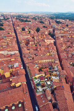 Aerial view of the rooftops of the old city of Bologna Italy