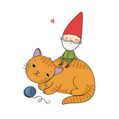 cartoon gnome and cat. Christmas elf. Vector