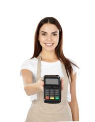 Waitress with terminal for contactless payment on white background