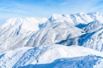 View of winter landscape with snow covered Alps in Seefeld in the Austrian state of Tyrol. Winter in Austria