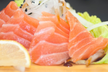 Overhead japanese sushi food. Maki ands rolls with tuna, salmon, shrimp, crab and avocado. Top view of assorted sushi, all you can eat menu. Rainbow sushi roll, uramaki, hosomaki and nigiri.