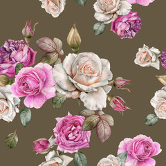 Floral seamless pattern with watercolor white and pink roses - 244581308