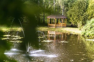 Obraz premium Colorful Photo of the Wooden Summer Garden House in a Park, Between Woods with Blurred Grass Stalks in Foreground - Sunny Autumn Day