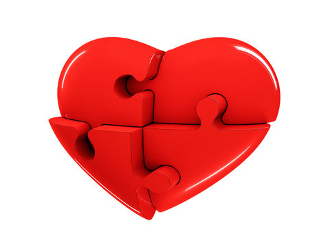 Red jigsaw puzzle heart diagram 3d illustration isolated on white background