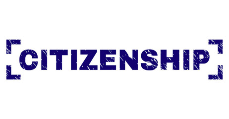 CITIZENSHIP label seal print with corroded texture. Text label is placed inside corners. Blue vector rubber print of CITIZENSHIP with scratched texture.