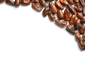 Frame made of sweet dried date fruits on white background, top view with space for text