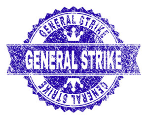 GENERAL STRIKE rosette seal watermark with grunge effect. Designed with round rosette, ribbon and small crowns. Blue vector rubber watermark of GENERAL STRIKE tag with retro style.