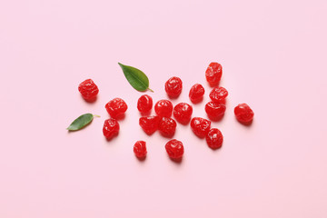 Cherries on color background, top view. Dried fruit as healthy snack