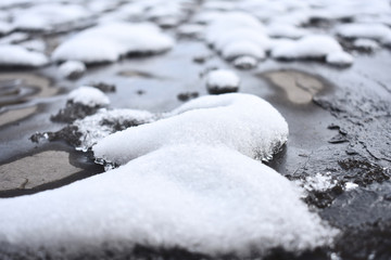 snow and ice on a black ground macro