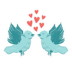 Birds kiss, hearts flying. Valentine's day love concept. Vector illustration