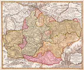 Fototapeta na wymiar 1720, Homann Map of Transylvania, Romania