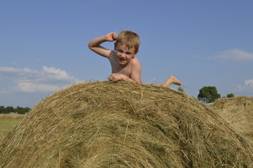 Naklejka na ściany i meble Closeup joyful boy playing on huge bale of fresh hay