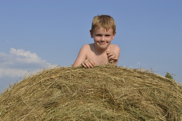 Naklejka na ściany i meble Closeup joyful boy playing on huge bale of fresh hay