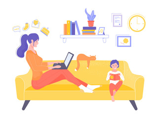 Mom and son in the living room are sitting on the couch. A woman works with a laptop online, the boy reads a book. Mom has time for everything. Illustration in the interior.