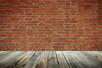 Vintage Style Room Interior with Red Brick Wall and Weathered Wooden Floor for Artwork Display Design