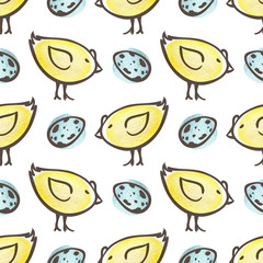 Easter pattern with eggs and yellow chicken