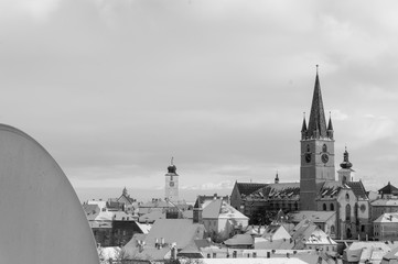 Black & White panoramic view of Sibiu historic center in Transylvania, Romania with The Lutheran Cathedral of Saint Mary. City also known as Hermannstadt