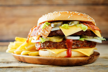 Meat Burger with salad, cheese, tomato and ketchup sauce
