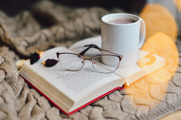 open book, lying on the plaid with a glasses and cup coffee