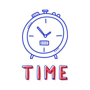 Hand draw clock icon in doodle style for your design with lettering