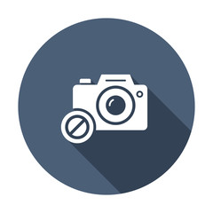 Photo camera icon, technology icon with not allowed sign. Photo camera icon and block, forbidden, prohibit symbol. Vector illustration