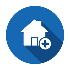 House icon, buildings icon with add sign. House icon and new, plus, positive symbol. Vector illustration