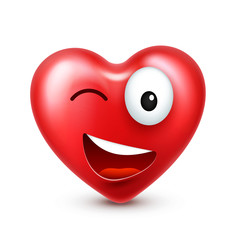 Heart smiley emoji vector for Valentines Day. Funny red face with expressions and emotions. Love symbol.