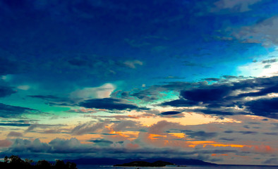 Plakat Coloured sunset on Seyshells island. Sea, summer, cloud, sky