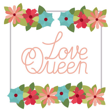 love queen label with flower frame isolated icon