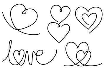 Set of one line drawing Valentines hearts