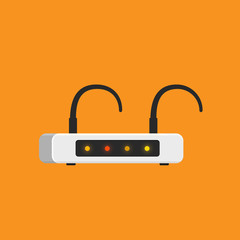 Bad signal low speed Wifi router flat design vector illustration. Isolated broken wireless equipment on orange background.