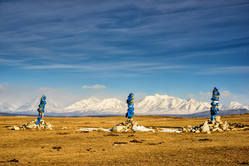 Sacred place with obo. Winter landscape of Mongolia. Lake Khubsugul and mountain © kuzenkova