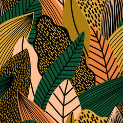 Cotton fabric Colorful seamless pattern of tropical exotic leaves