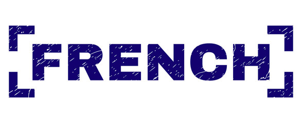 FRENCH text seal print with distress texture. Text label is placed inside corners. Blue vector rubber print of FRENCH with corroded texture.