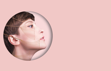 skin plastic surgery concept. Woman face with marks and arrows