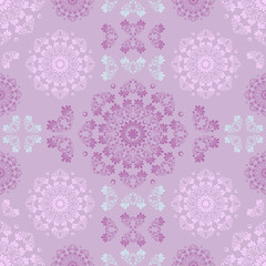 Rose quartz and serenity seamless pattern for wall. Wallpaper fabric textile design with mandalas and decorative vintage, trendy color and vintage elements.