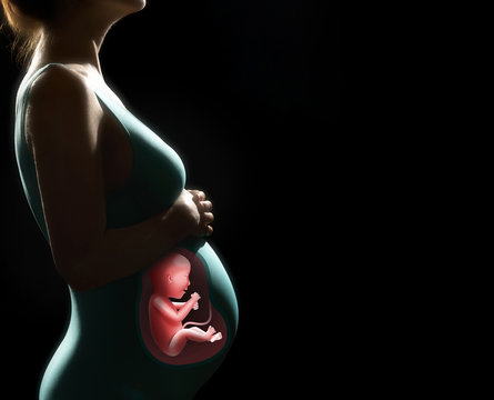 Pregnant woman with baby inside. Silhouette on black isolated background.