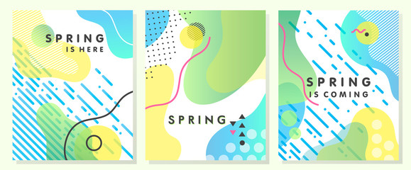 Unique artistic spring cards with bright gradient background,shapes and geometric elements in memphis style.Abstract design cards perfect for prints,flyers,banners,invitations,special offer and more.