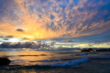 Naklejka na ściany i meble Coloured sunset on Seyshells island. Sea, summer, cloud, sky