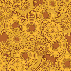 Golden iron gearwheels technology backdrop. Vintage wallpaper with mechanism. Steampunk style