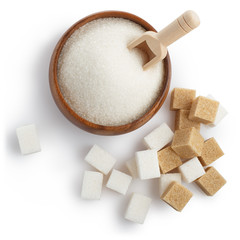 White and brown sugar, isolated on white background, view from above